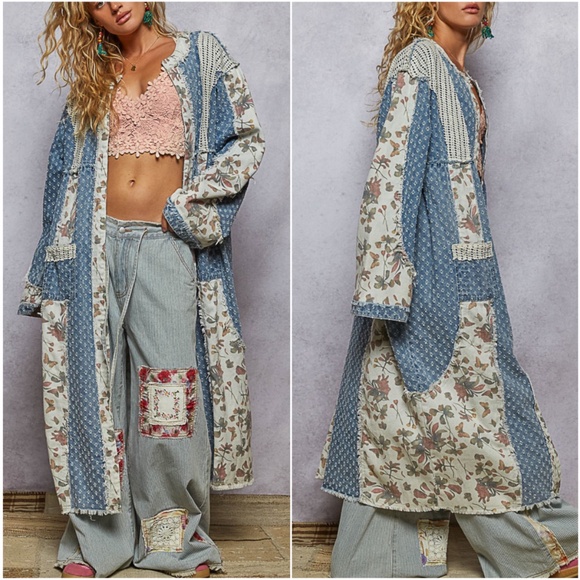 POL Floral Print Color block Open Front Loose fit Denim Long Jacket - Picture 2 of 2